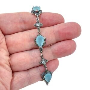 Vintage Sterling Silver 925 Marcasite Aqua Teal Colored Glass Bracelet 7.5"